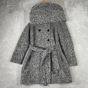 Calvin Klein Boucle Coat Womens 0 Gray Wool Blend Belted Funnel Neck Peacoat